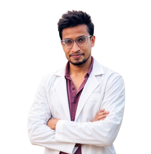 Male doctor with glasses in a white lab coat, arms crossed, looking at the camera.